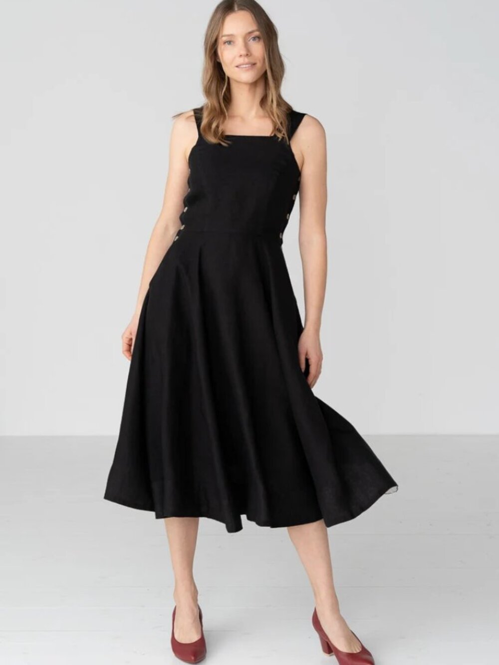 Son de Flor black linen pinafore dress, size Large